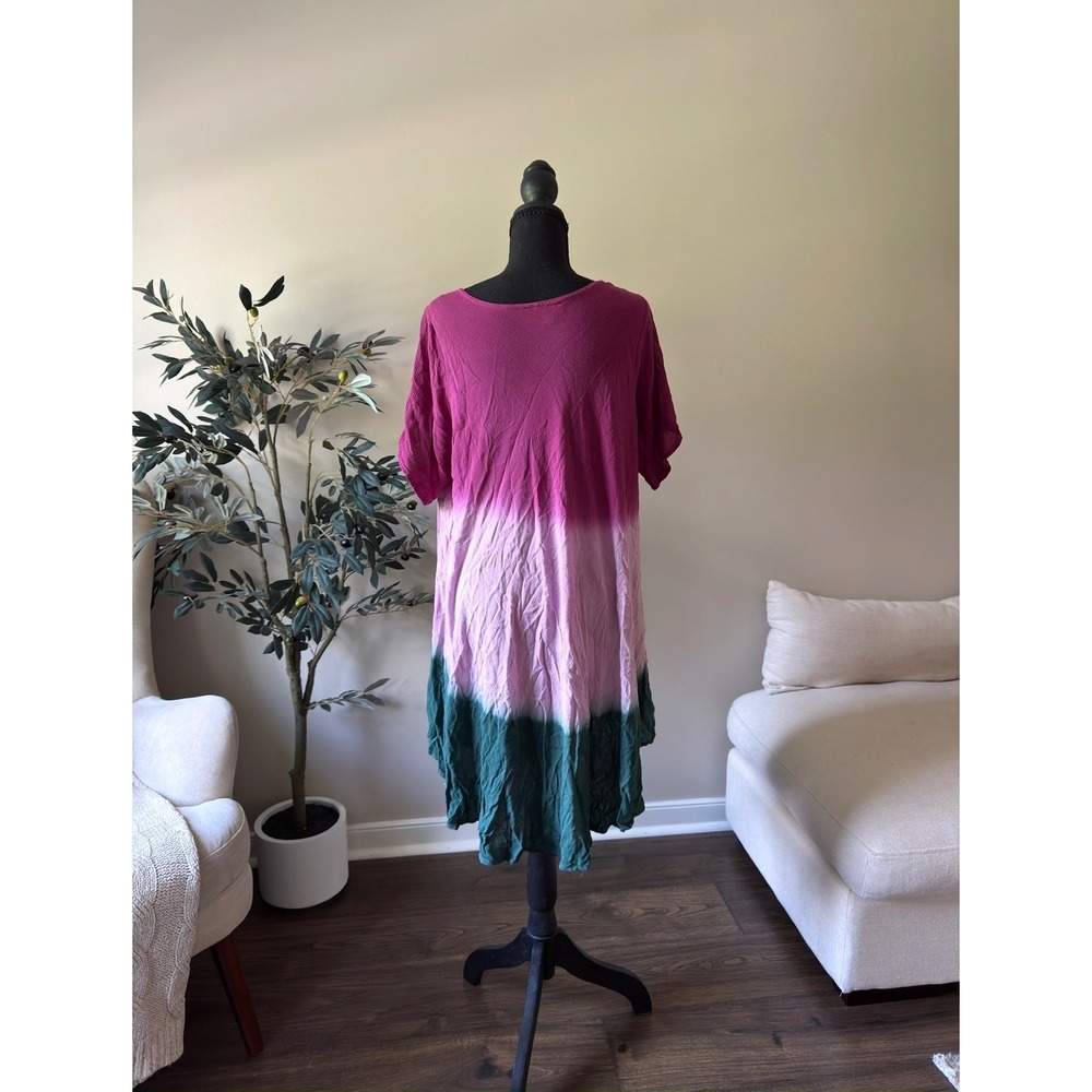 GreaterGood Tie Dye Beaded Butterfly Tunic Top Handkerchief Hem Pink Green Plus - Picture 4 of 4